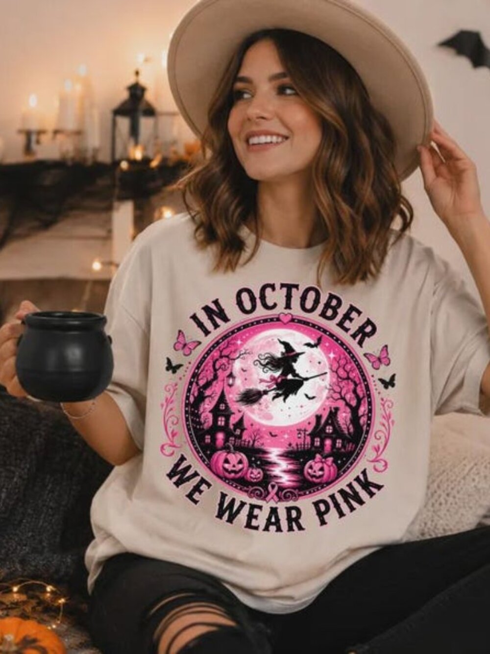 In October We Wear Pink Shirt, Breast Cancer Awareness Halloween Witch Tee